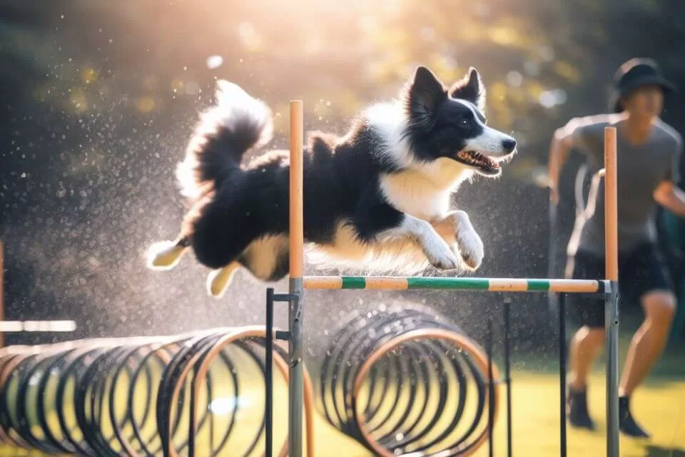 imagem de um cachorro pulando um obstáculo na prática de agility