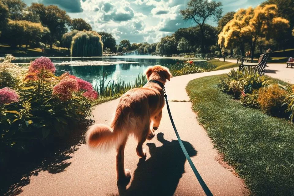 foto de um cachorro passeando na guia com uma linda paisagem
