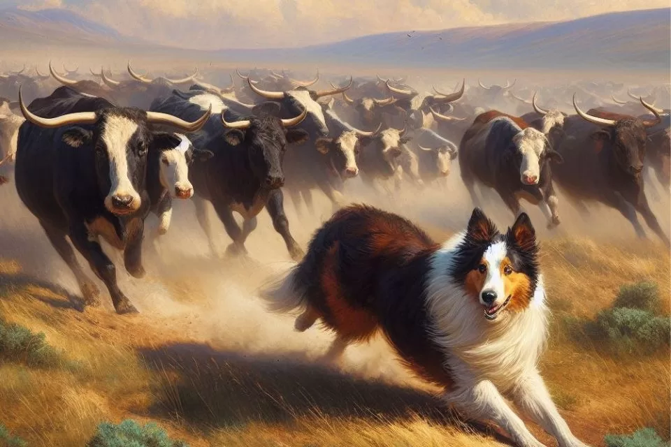 imagem de um cachorro pastoreando um rebanho de bois