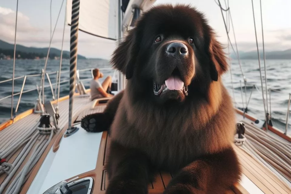cachorro da raça Terra Nova em um barco